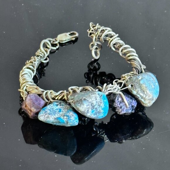 Genuine Turquoise 925 Sterling Silver Charoite Wire Wrap Cuff Bracelet Brutalist - Picture 3 of 11
